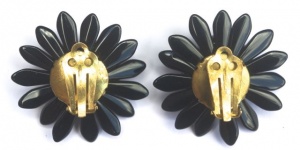 Vintage Silver and Black Glass Clip On Flower Earrings circa 1950s